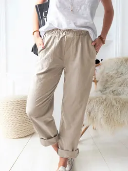 Однотонные повседневные эластичные прямые брюки с высокой талией для женщин
