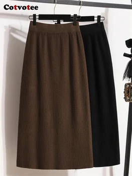 Однотонные трикотажные юбки Cotvotee для женщин 2024, Новая мода, повседневная юбка миди с разрезом и высокой талией, офисные женские Шикарные юбки трапециевидной формы