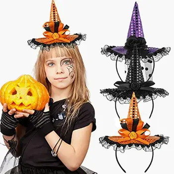 Повязка на голову, шляпа ведьмы на Хэллоуин, обруч для волос, интересное кружево с блестками, мультяшный декор для вечеринки, шляпа, реквизит для фотосессии