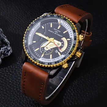Модные мужские часы с календарем, мужские деловые повседневные кварцевые часы из черной кожи, мужские водонепроницаемые наручные часы