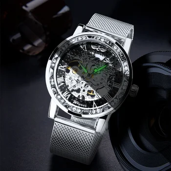 Модные мужские часы с резным скелетом, серебристый Топовый бренд Класса Люкс, ультратонкий сетчатый ремешок, хрустальные часы унисекс Размера