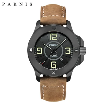 Модные мужские наручные часы Parnis 47 мм с черным циферблатом, механические Автоматические мужские часы, сапфировое стекло, кожаный ремешок, мужские часы с зеленым номером