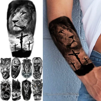 Временные татуировки на предплечье Черного Льва, Временные татуировки для мужчин, взрослых, Череп Тигра, Волк, Компас, Воин, Поддельная татуировка, Модные водонепроницаемые татуировки