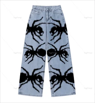 Зимние Новые джинсы с паучьим принтом в винтажном стиле, джинсовые спортивные штаны с вышивкой в стиле хип-хоп, Свободные прямые брюки, одежда для пар подростков
