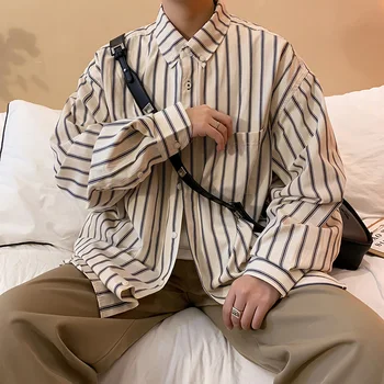 Полосатая рубашка с длинными рукавами в японском ретро-нейтральном стиле, мужская нишевая свободная повседневная внутренняя одежда, верхние топы, рубашки, мужская одежда