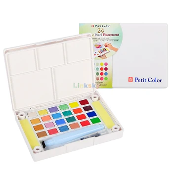 Портативный набор для рисования с флуоресцентным металлическим жемчугом Sakura Petit Color, 24 цвета акварели, губка, палитра, Переносная дорожная коробка