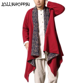 Двусторонняя мужская льняная куртка с принтом, Открытая планка, шарф, воротник из льна и хлопка, богемное пальто в китайском стиле, Асимметричный низ