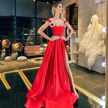 2022 Красное Вечернее платье с открытыми плечами Трапециевидной формы с Высоким Разрезом Сбоку, Вечернее Платье Подружки Невесты, Распродажа Robe de Soiree