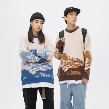 Хип-хоп Harajuku Снежные горы Свитер Мужчины Женщины Японские Винтажные Вязаные Пуловеры Повседневная уличная одежда Джемпер Sueter Masculino