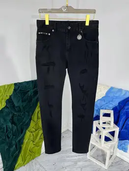 Весна 2024, шикарные мужские джинсы высокого качества в корейском стиле, новые дизайнерские рваные джинсы с принтом, джинсовые прямые брюки C532