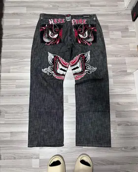 Прямые джинсы с карманным принтом в стиле хип-хоп, уличные граффити, мужские черные свободные джинсовые брюки y2k American с высокой талией