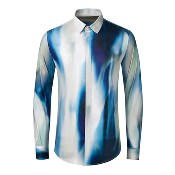 Мужские рубашки с цифровой печатью Minglu Blue Класса Люкс из 100% Хлопка С Длинным рукавом Four Seasons Slim Fit Party Smart Casual Мужские Рубашки 4XL