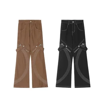 Американская уличная Ретро-вышивка, Чувство дизайна, инструменты, Свободные прямые джинсы Для мужчин и женщин в стиле хип-хоп, Широкие штанины