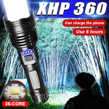 Мощный светодиодный фонарик XHP360, перезаряжаемый через USB, мощная вспышка, тактический блок питания, фонарь для кемпинга, 9000 люмен, походный фонарь