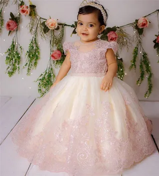 Милое розовое кружевное платье в цветочек для девочки, тюлевое платье для малышей, детская одежда для свадьбы, дня рождения, платье с коротким рукавом