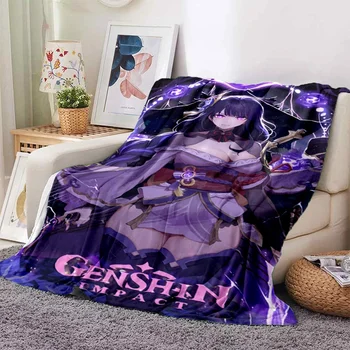 Genshin Impact Cartoon HD Printing Мягкий Плюшевый диван-кровать, покрывало для пикника, современное фланцевое плюшевое одеяло, чехол для перерыва на полдень