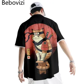 Уличная одежда с принтом Кота Самурая из японского аниме Оверсайз, Гавайская рубашка, летняя мужская пляжная рубашка Harajuku Aloha с коротким рукавом