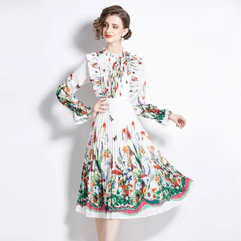 2023 Новое модное платье с цветочным рисунком, женская осенняя Ретро Универсальная плиссированная юбка, французское повседневное праздничное платье свободного кроя, Vestido