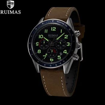 RUIMAS Мужские наручные часы из кожи в стиле милитари, лидирующий бренд, роскошные Мужские часы, модный хронограф, повседневный спортивный календарь, водонепроницаемые Relogio