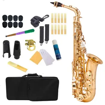 Альт-саксофон Eb, новое поступление, музыкальный инструмент ми-бемоль, покрытый золотым лаком, саксофон с аксессуарами в футляре