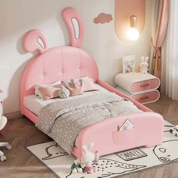 Двуспальная кровать, Мягкая Кровать Принцессы в Форме Кролика, Симпатичная Двуспальная кровать На платформе с изголовьем и изножьем, Детская спальня