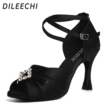 Туфли для латиноамериканских танцев DILEECHI, черные атласные туфли с крупными стразами, женские туфли для сальсы, квадратные туфли для бальных танцев, каблук 8,5 см, мягкая подошва