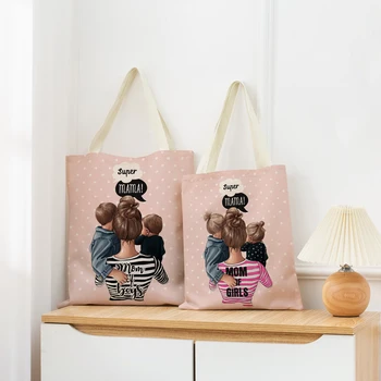 Модная Милая сумка для покупок Super Mom Baby Market с двусторонним принтом, женская складная льняная сумка, Портативная Удобная сумка для хранения