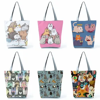 Женские сумки-тоут с повседневной пляжной сумкой для покупок Милые анимационные сумки через плечо с принтом кота Складные сумки большой емкости на заказ