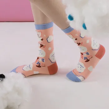 Милые хлопчатобумажные носки для девочек с мультяшной собакой, Женские осенние и зимние носки-тюбики, Женские средние носки для конькобежцев, Длинные носки для йоги