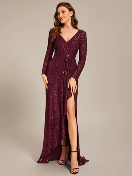 Женское вечернее платье Every-Pretty с глубоким V-образным вырезом, расшитое блестками, длинными рукавами и асимметричным подолом большого размера с разрезом