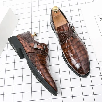 Мужская кожаная обувь, мужская обувь с модной пряжкой, коричневая деловая мужская обувь, кожаные офисные черные свадебные туфли с острым носком.