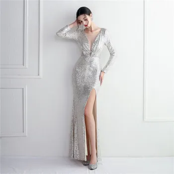 YIDINGZS Сексуальное вечернее платье Макси с разрезом, вечернее платье с серебряными блестками, женское платье с длинным рукавом, платье для выпускного вечера