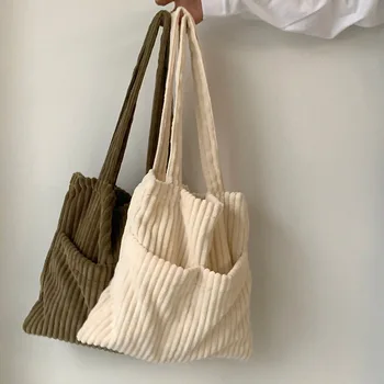 Женская вельветовая сумка Hylhexyr, женские сумки для покупок в стиле ретро, женская повседневная сумка-тоут большой емкости с внешним карманом
