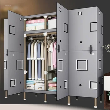 Бытовые шкафы Современный небольшой шкаф для хранения ткани Мебель для спальни Стальная труба Утолщенная Комната для аренды Спальня Домашний гардероб