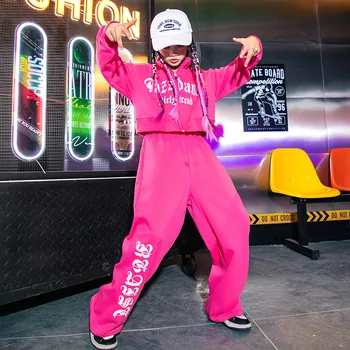 Детская одежда в стиле хип-хоп, Розовая короткая куртка на молнии, повседневные спортивные штаны для уличного спорта для девочек, костюм для джазовых танцев, комплект одежды