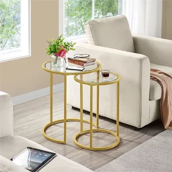 Круглые железные скворечники SmileMart, золото / прозрачный, набор из 2 журнальных столиков, маленький столик, стол в гостиной