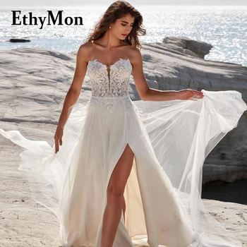 Очаровательное женское свадебное платье Ethymon с разрезом, кружевные аппликации в виде сердечка, бусины, съемный рукав, Vestidos De Novia, Сшитое по индивидуальному заказу