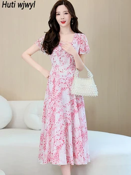 Цветочное шифоновое повседневное Пляжное длинное платье в стиле бохо с цветочным рисунком для женщин, модное Элегантное вечернее платье миди Semmer, Корейское облегающее платье для выпускного вечера.