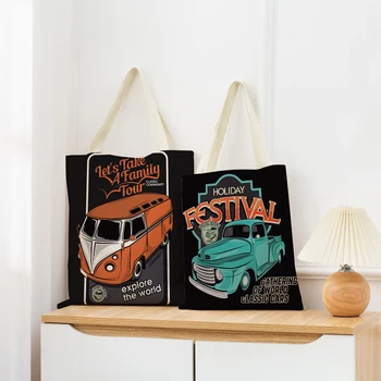 Сумка для покупок на льняном рынке с рисунком винтажных мультяшных автомобилей с двусторонней печатью, складная сумка, Портативная удобная сумка для хранения.