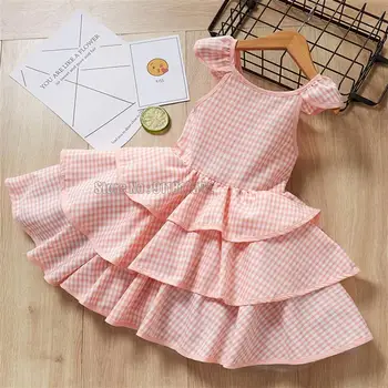 Новая клетчатая розовая детская праздничная одежда для девочек, Летние детские платья принцессы с открытой спиной