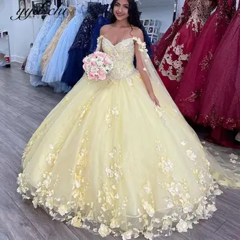 2023 Желтые пышные платья в виде сердечка С аппликацией из тюля, Блестящее бальное платье для девочек, платье для выпускного вечера, официальная вечеринка принцессы