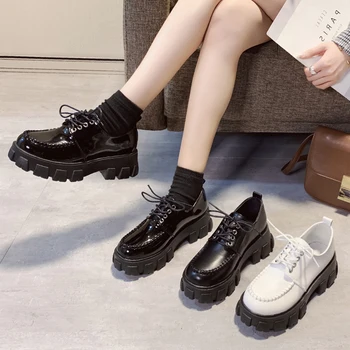 туфли-броги на плоской подошве из японской кожи, женские туфли на платформе со шнуровкой, черно-белые кожаные криперы, женские британские дерби 2020 г.