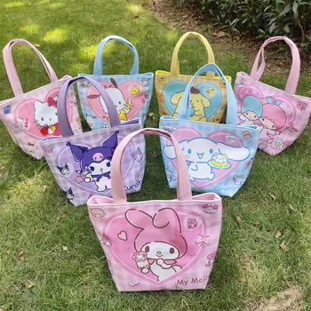 Sanrio Женская сумка-тоут из искусственной кожи, сумка Kawaii Hello Kitty Kuromi, большая вместительная сумка для покупок на молнии, сумка для ланча, сумки для хранения