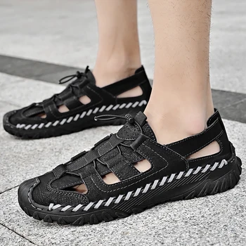 Высококачественные мужские сандалии из натуральной кожи, летние пляжные сандалии с дышащей резинкой для мужчин, уличная повседневная обувь на платформе