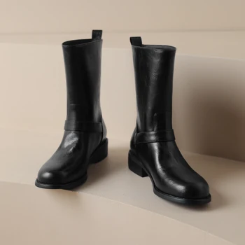 Европейский и американский стиль 2023, новые кожаные полусапожки, женские тонкие ботинки, пряжка для ремня с круглым носком, низкий каблук на толстом каблуке в западном стиле