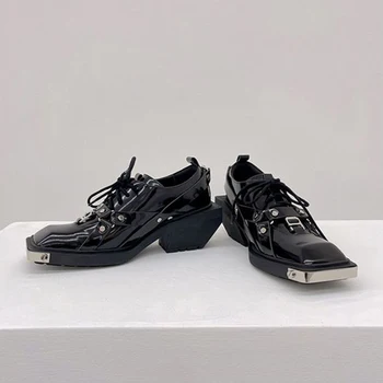 Женская Повседневная Обувь в стиле Дерби, Металлическая Обувь в стиле Панк, Женские Кожаные Кроссовки, Пара Черных Уличных Ботинок Mujer Botines, Оксфордская обувь