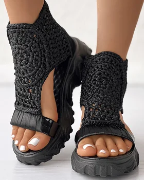 Сандалии, женские плетеные геометрические сандалии на танкетке, Вязаная эластичная летняя обувь, Сетчатые сандалии на плоской подошве, Полые женские туфли на платформе