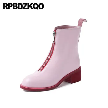 Зима 2021, Осень, Размер 41, Обувь из натуральной кожи, круглый носок, 10, Роскошные брендовые женские ботинки розового цвета на массивном каблуке, осенние ботильоны с большим коротким мехом