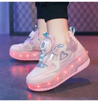Детские колеса для двух девочек, светящиеся кроссовки на каблуках, Розовая обувь для роликовых коньков со светодиодной подсветкой, Детская обувь со светодиодной подсветкой, USB-зарядка