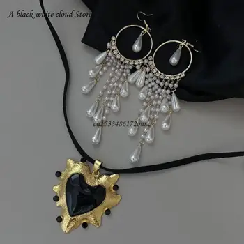 Привлекательное Преувеличенное ожерелье в виде черного сердца, серьги с бахромой, панк-украшения для женщин, панк-цепочка для ключиц